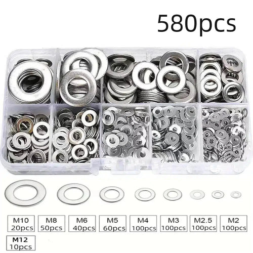 360/580pcs 304 Stainless Steel Flat Washers Set, Perfect For Home Decor, Factory Repair, Kitchens, Shops & More - Boxed In