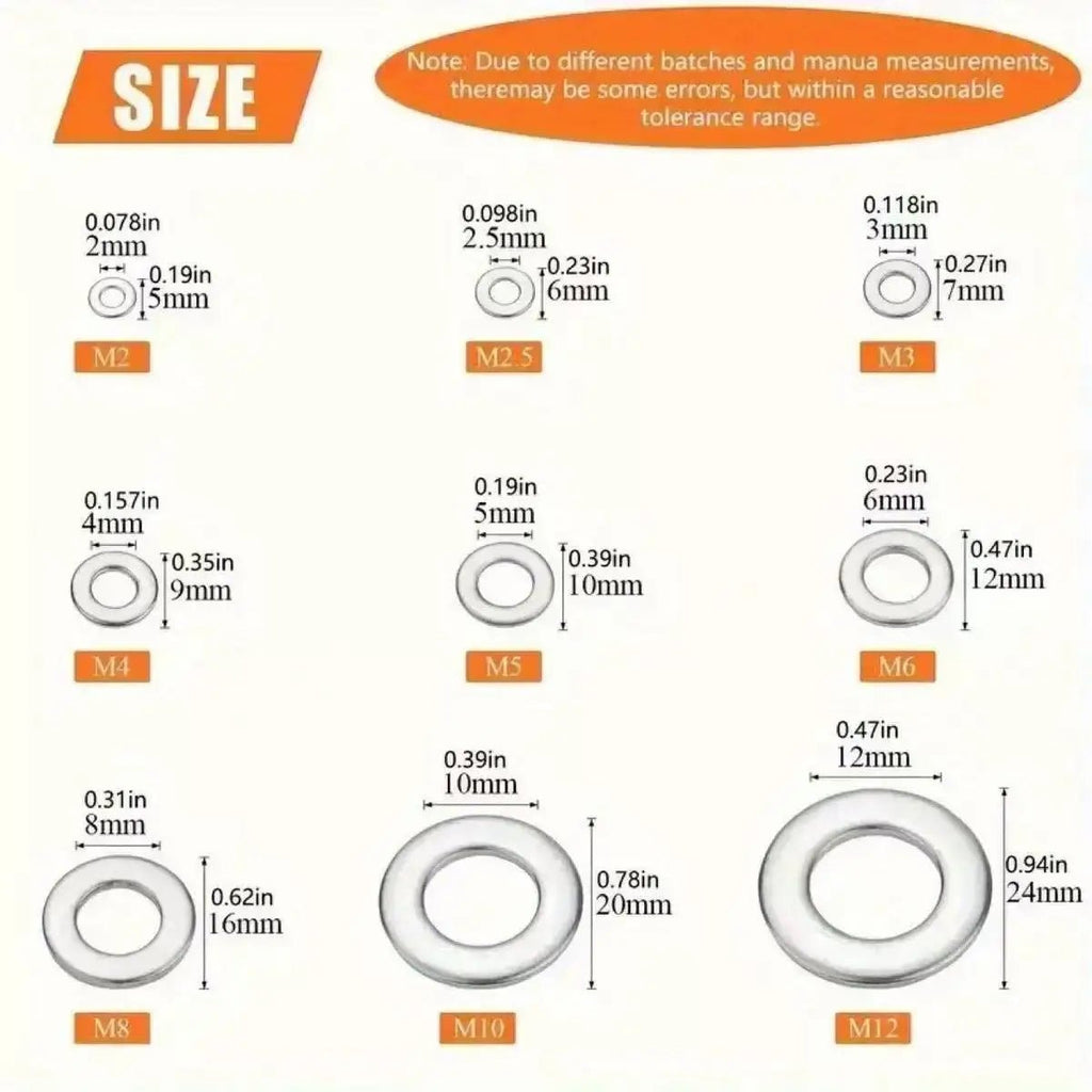 360/580pcs 304 Stainless Steel Flat Washers Set, Perfect For Home Decor, Factory Repair, Kitchens, Shops & More - Boxed In