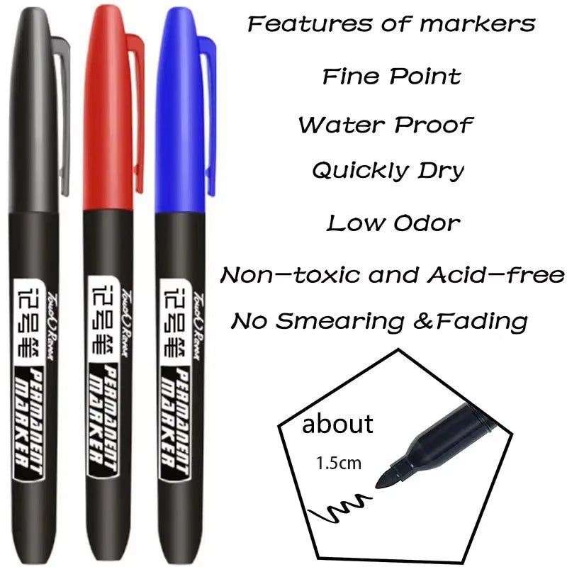 6 PCS Permanent Marker Pen Manga Drawing Markers Black Blue Red Waterproof Ink Sketch Pens Stationery Art School Supplies - Boxed In