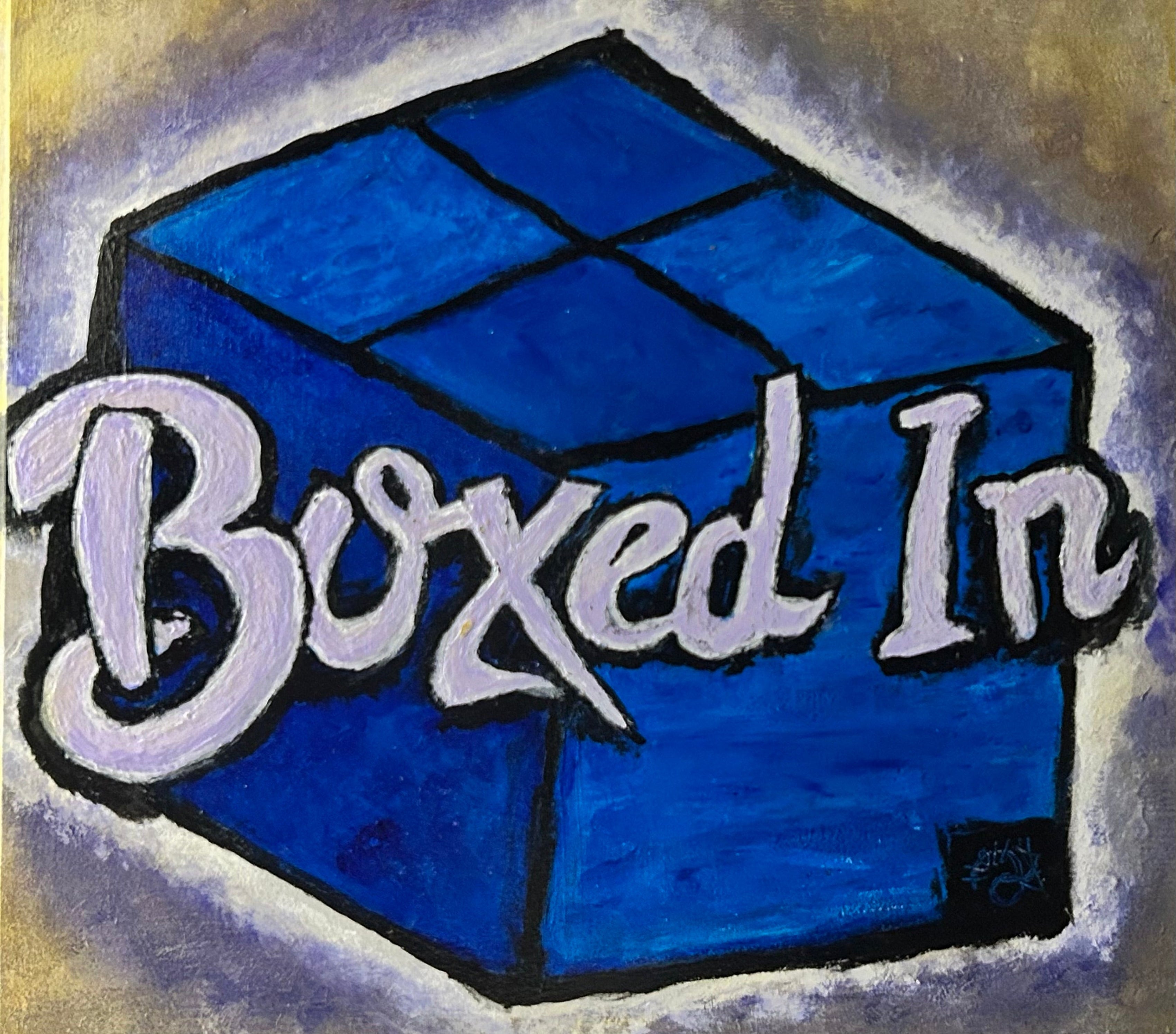 Blue box with 'Boxed In' text on a textured background