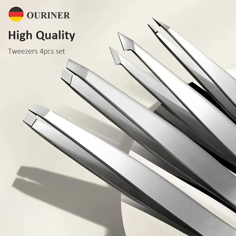 Ouriner Eyebrow Tweezers Set 4 Pcs Stainless Steel Eyebrow Forceps Professional Beauty Tool Set For Facial Hair Inward Growing - Boxed In
