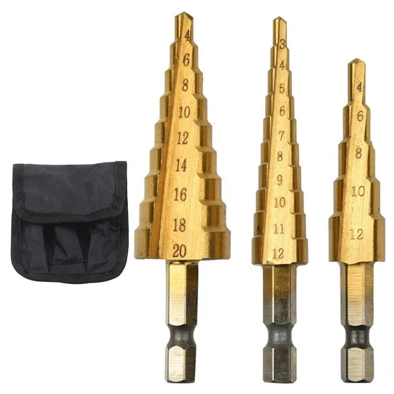 Step Drill Titanium Plated Hexagonal Shank Straight Groove 3 - 12/4 - 12/4 - 20/4 - 32mm Pagoda Drill Drilling Tool Accessory Set - Boxed In