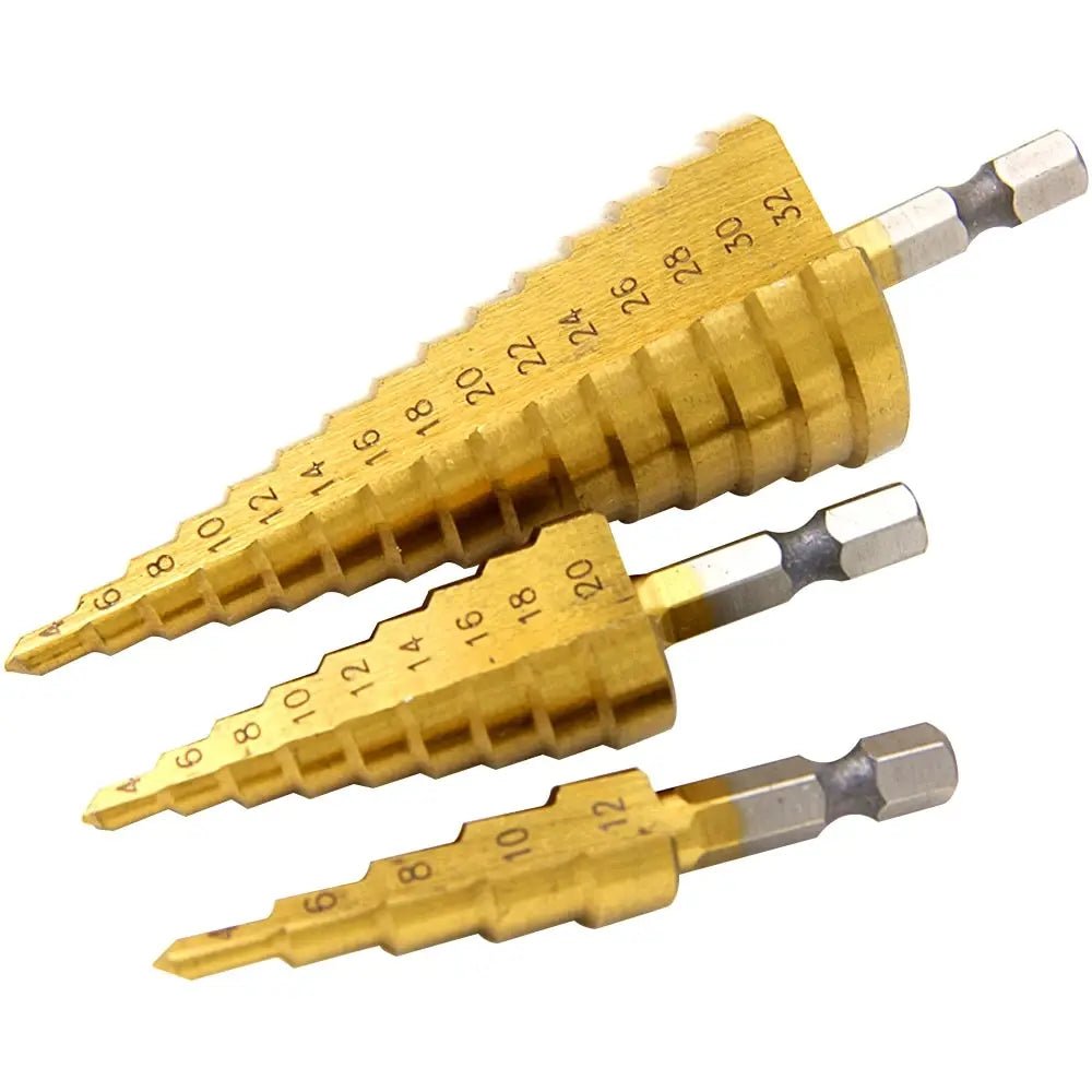 Step Drill Titanium Plated Hexagonal Shank Straight Groove 3 - 12/4 - 12/4 - 20/4 - 32mm Pagoda Drill Drilling Tool Accessory Set - Boxed In