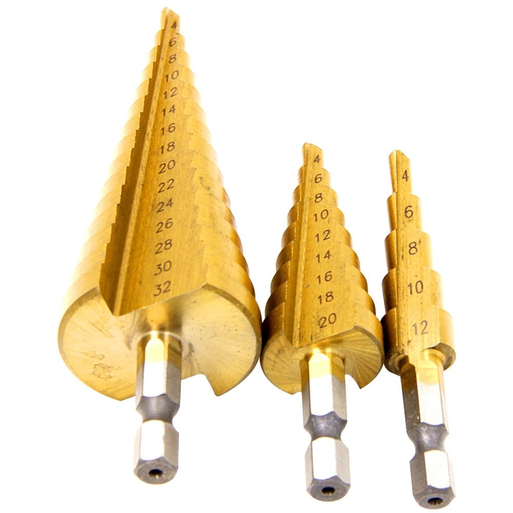 Step Drill Titanium Plated Hexagonal Shank Straight Groove 3 - 12/4 - 12/4 - 20/4 - 32mm Pagoda Drill Drilling Tool Accessory Set - Boxed In