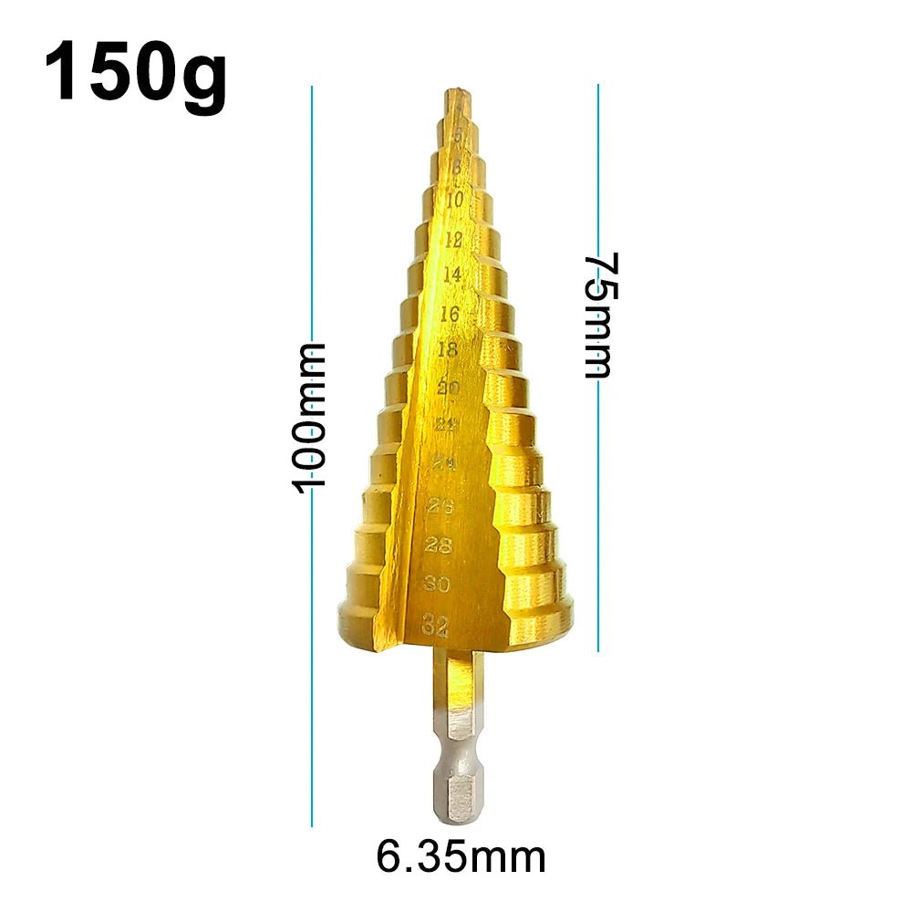 Step Drill Titanium Plated Hexagonal Shank Straight Groove 3 - 12/4 - 12/4 - 20/4 - 32mm Pagoda Drill Drilling Tool Accessory Set - Boxed In