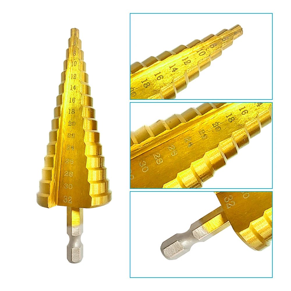 Step Drill Titanium Plated Hexagonal Shank Straight Groove 3 - 12/4 - 12/4 - 20/4 - 32mm Pagoda Drill Drilling Tool Accessory Set - Boxed In