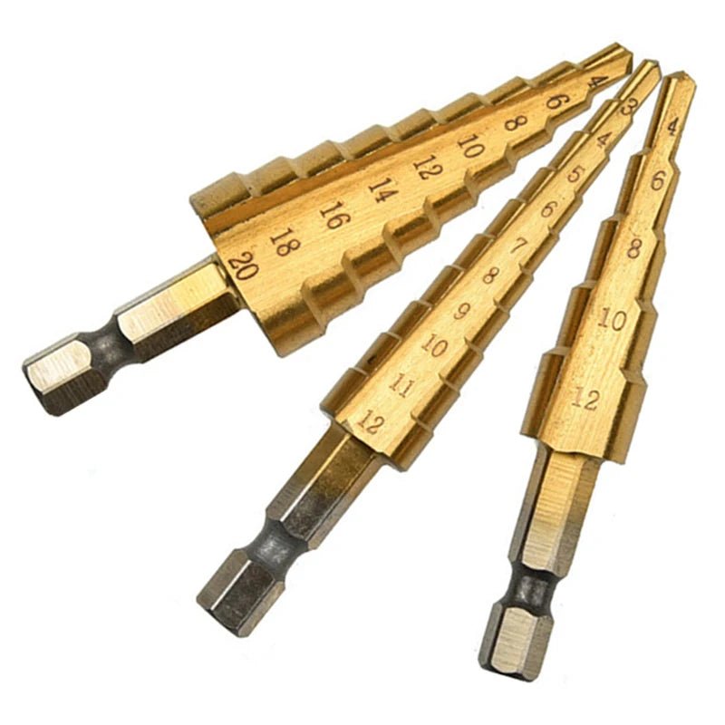 Step Drill Titanium Plated Hexagonal Shank Straight Groove 3 - 12/4 - 12/4 - 20/4 - 32mm Pagoda Drill Drilling Tool Accessory Set - Boxed In
