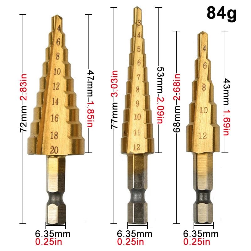 Step Drill Titanium Plated Hexagonal Shank Straight Groove 3 - 12/4 - 12/4 - 20/4 - 32mm Pagoda Drill Drilling Tool Accessory Set - Boxed In