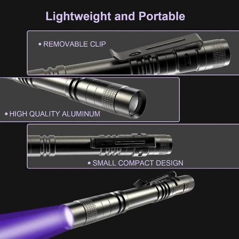 UV Flashlight 395nm Ultraviolet Torch With Pen Clip Portable AAA Batteries Used Violet Light Pet Urine Scorpion Detector UV Lamp - Boxed In
