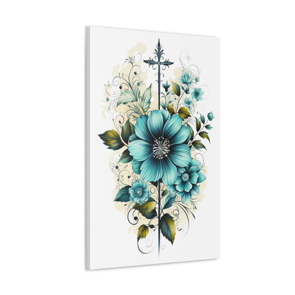 Wall Art Decor - Canvas Print Artwork - Blue Green Christian Cross - Boxed In