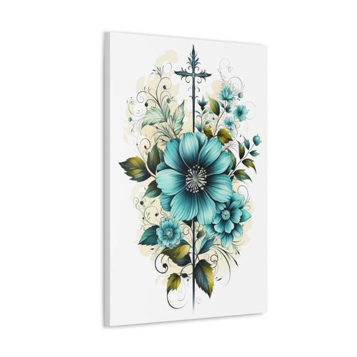Wall Art Decor - Canvas Print Artwork - Blue Green Christian Cross - Boxed In
