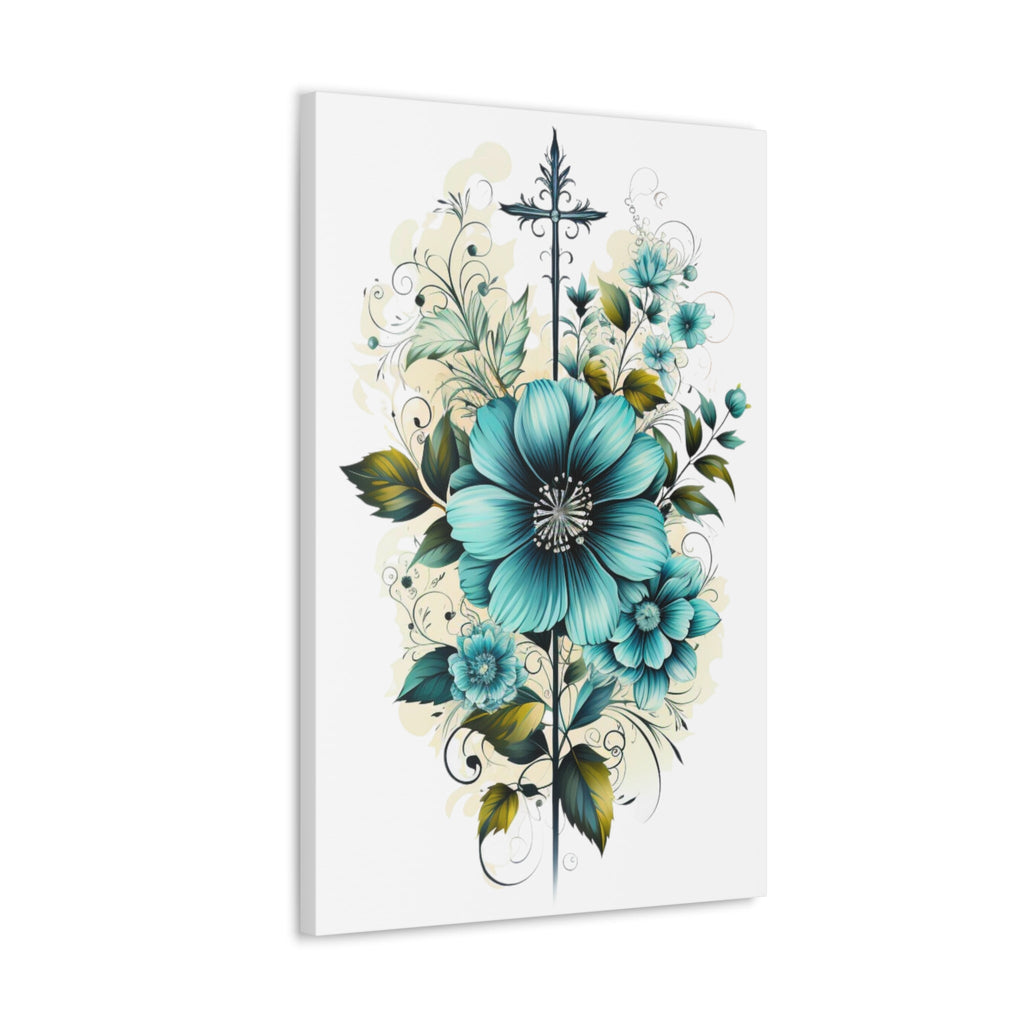 Wall Art Decor - Canvas Print Artwork - Blue Green Christian Cross - Boxed In