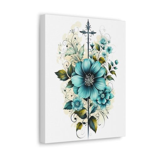 Wall Art Decor - Canvas Print Artwork - Blue Green Christian Cross - Boxed In